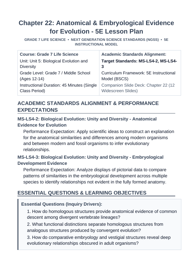 Anatomical & Embryological Evidence for Evolution 5E Lesson Plan sample page