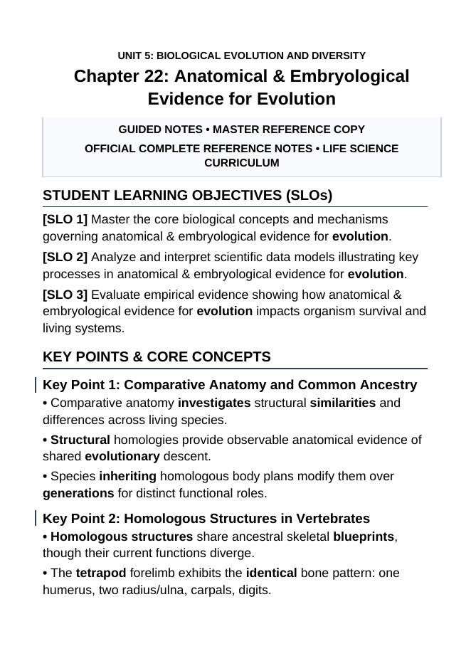 Anatomical & Embryological Evidence for Evolution Guided Notes sample page