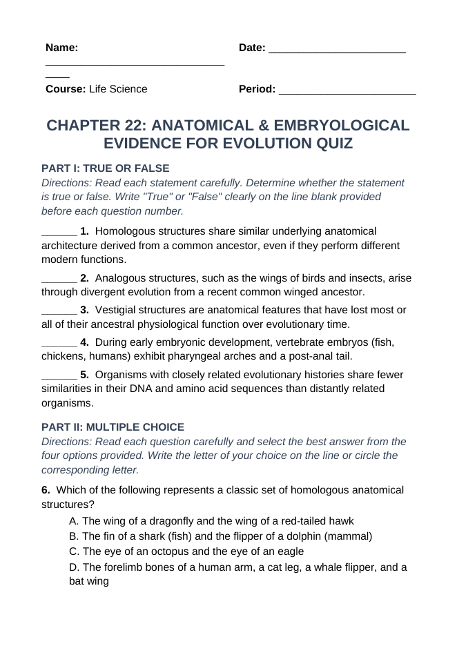 Anatomical & Embryological Evidence for Evolution Lesson Quiz sample page