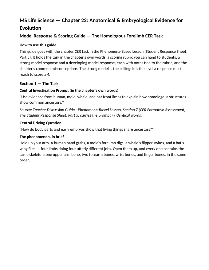 Anatomical & Embryological Evidence for Evolution Model Response & Scoring Guide sample page