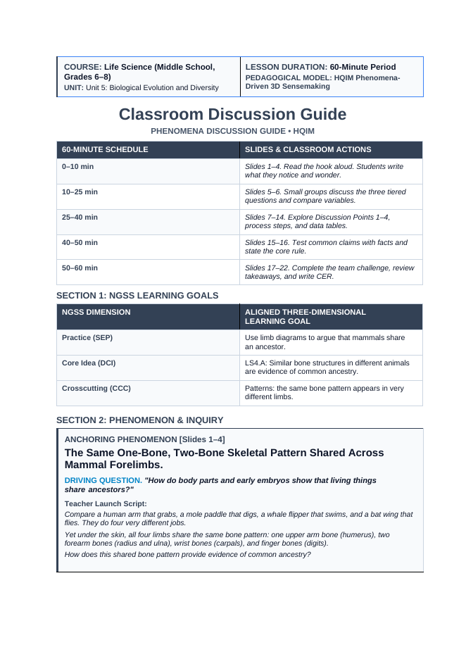 Anatomical & Embryological Evidence for Evolution Phenomena-Based Lesson: The Same Bone Pattern in Mammal Forelimbs Teacher Discussion Guide sample page