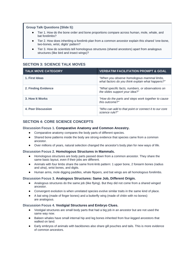 Anatomical & Embryological Evidence for Evolution Phenomena-Based Lesson: The Same Bone Pattern in Mammal Forelimbs Teacher Discussion Guide sample page