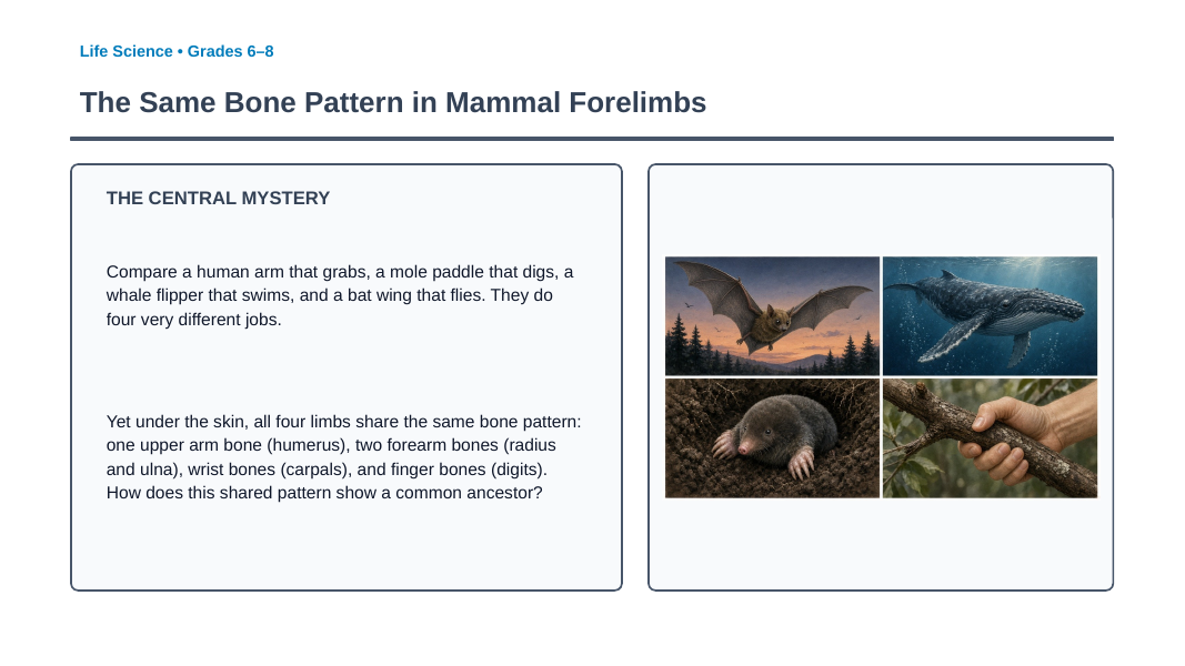 Anatomical & Embryological Evidence for Evolution Phenomena-Based Lesson: The Same Bone Pattern in Mammal Forelimbs Presentation sample page