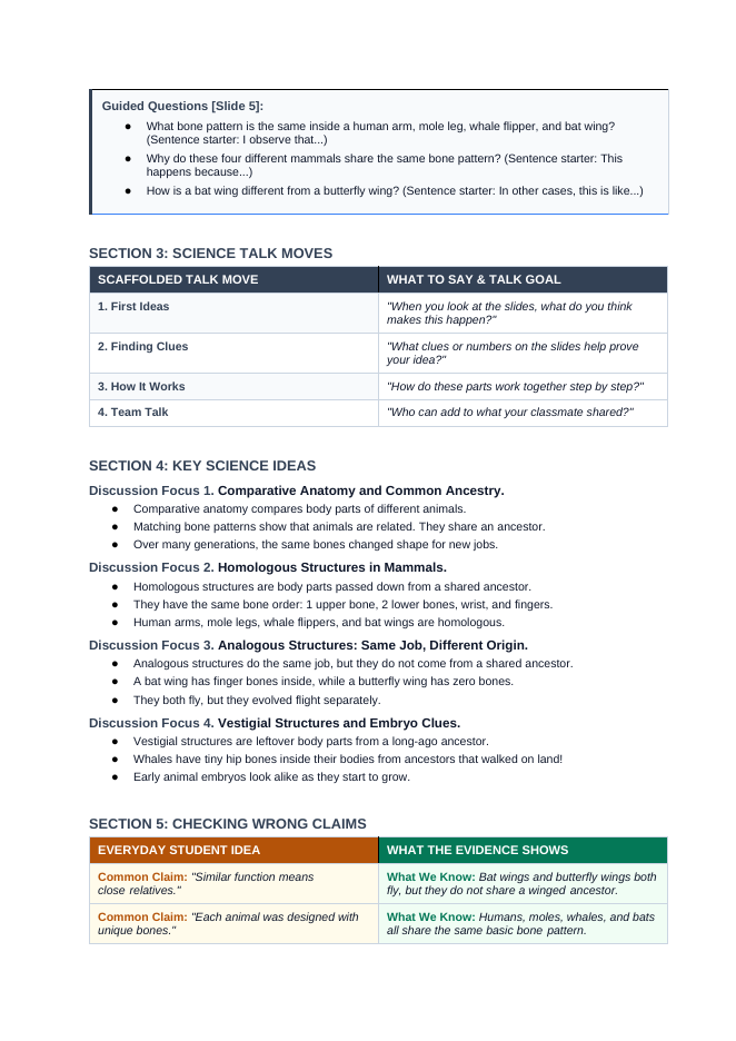 Anatomical & Embryological Evidence for Evolution Scaffolded Phenomena-Based Lesson: The Same Bone Pattern in Mammal Forelimbs Teacher Discussion Guide sample page