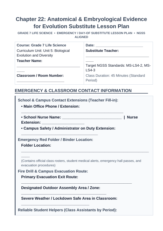 Anatomical & Embryological Evidence for Evolution Substitute Lesson Plan sample page