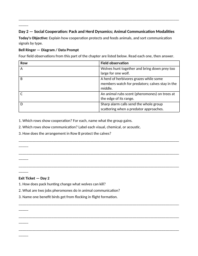 Animal Behaviors for Survival & Reproduction Bell Ringers & Exit Tickets sample page