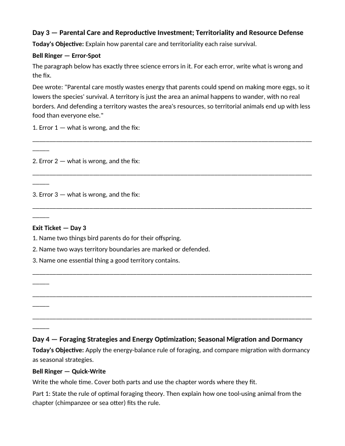Animal Behaviors for Survival & Reproduction Bell Ringers & Exit Tickets sample page
