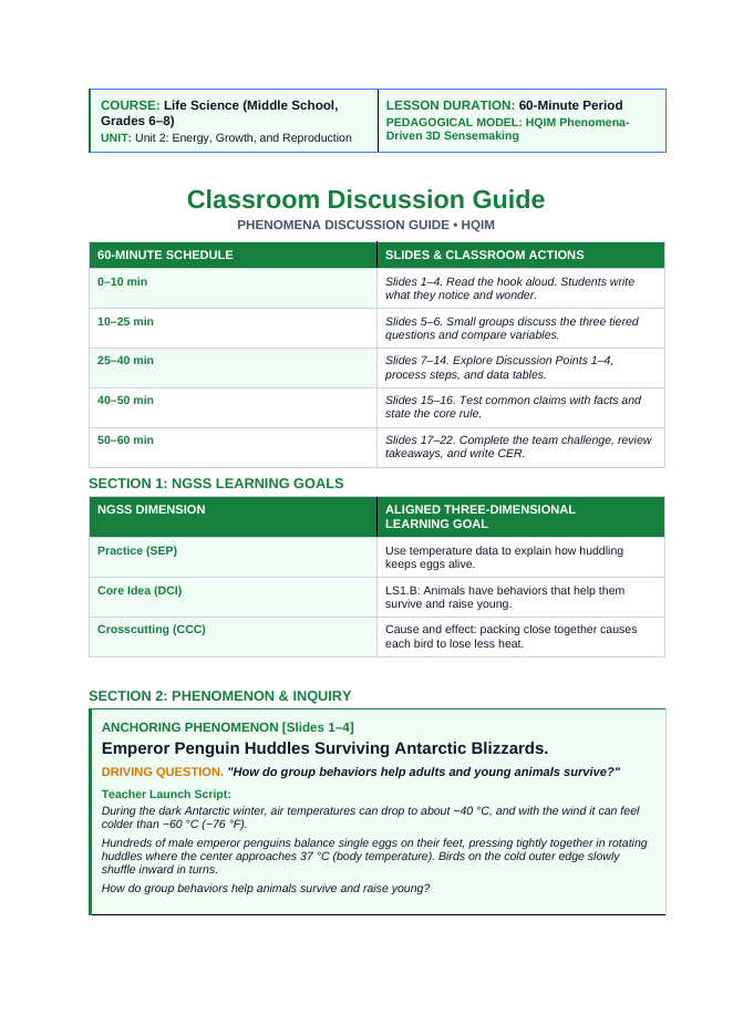 Animal Behaviors for Survival & Reproduction Phenomena-Based Lesson: Emperor Penguin Huddles Surviving Antarctic Blizzards Teacher Discussion Guide sample page