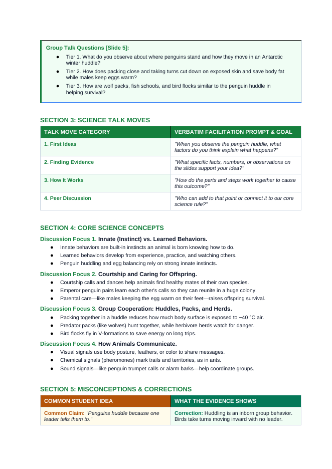 Animal Behaviors for Survival & Reproduction Phenomena-Based Lesson: Emperor Penguin Huddles Surviving Antarctic Blizzards Teacher Discussion Guide sample page