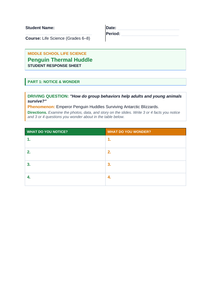 Animal Behaviors for Survival & Reproduction Phenomena-Based Lesson: Emperor Penguin Huddles Surviving Antarctic Blizzards Student Response Sheet sample page