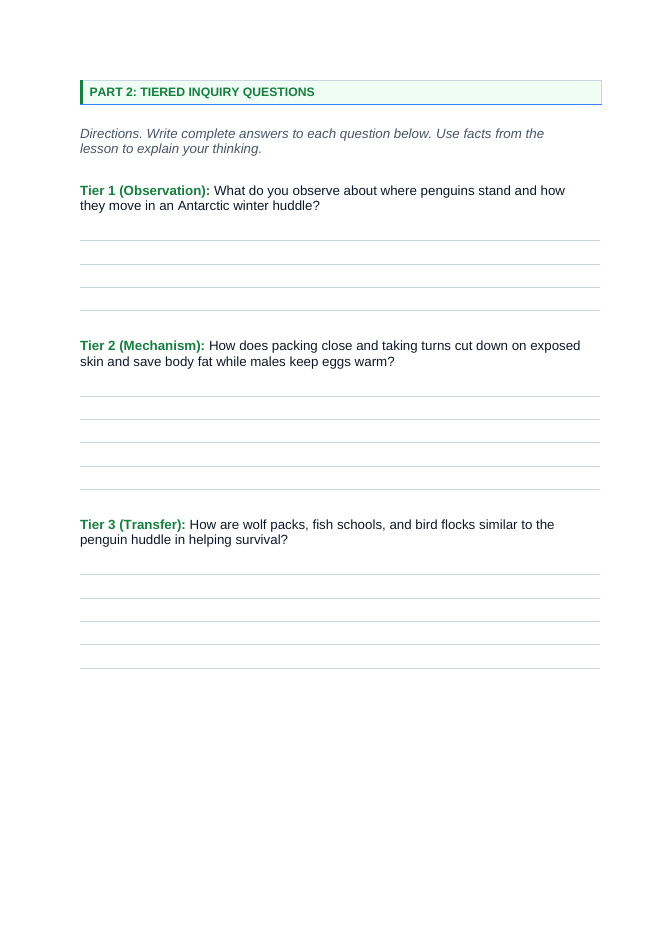Animal Behaviors for Survival & Reproduction Phenomena-Based Lesson: Emperor Penguin Huddles Surviving Antarctic Blizzards Student Response Sheet sample page