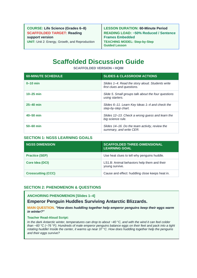 Animal Behaviors for Survival & Reproduction Scaffolded Phenomena-Based Lesson: Emperor Penguin Huddles Surviving Antarctic Blizzards Teacher Discussion Guide sample page