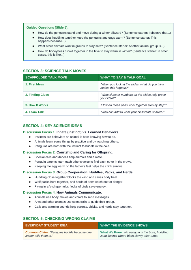 Animal Behaviors for Survival & Reproduction Scaffolded Phenomena-Based Lesson: Emperor Penguin Huddles Surviving Antarctic Blizzards Teacher Discussion Guide sample page