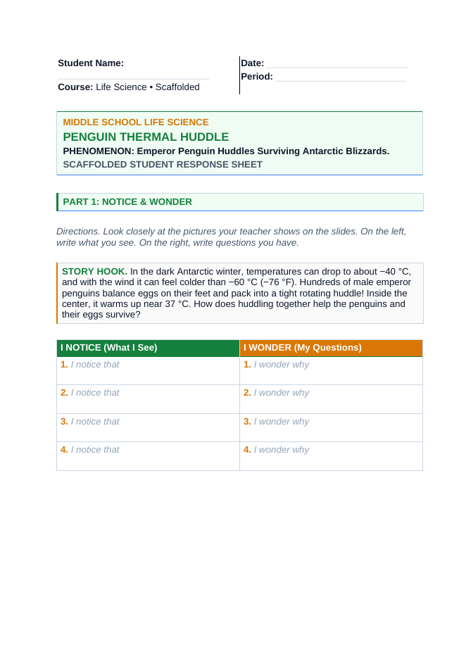 Animal Behaviors for Survival & Reproduction Scaffolded Phenomena-Based Lesson: Emperor Penguin Huddles Surviving Antarctic Blizzards Student Response Sheet sample page
