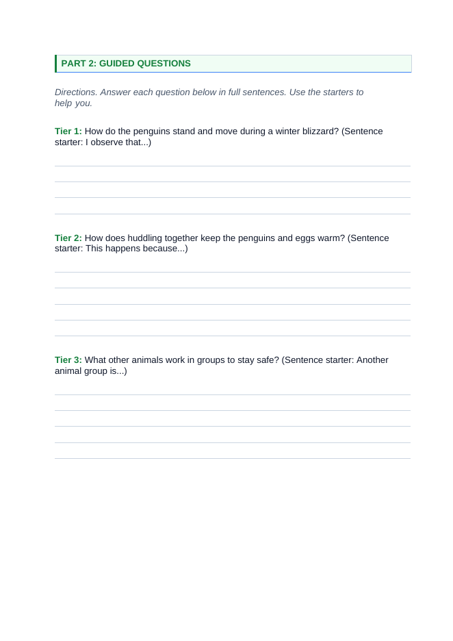 Animal Behaviors for Survival & Reproduction Scaffolded Phenomena-Based Lesson: Emperor Penguin Huddles Surviving Antarctic Blizzards Student Response Sheet sample page