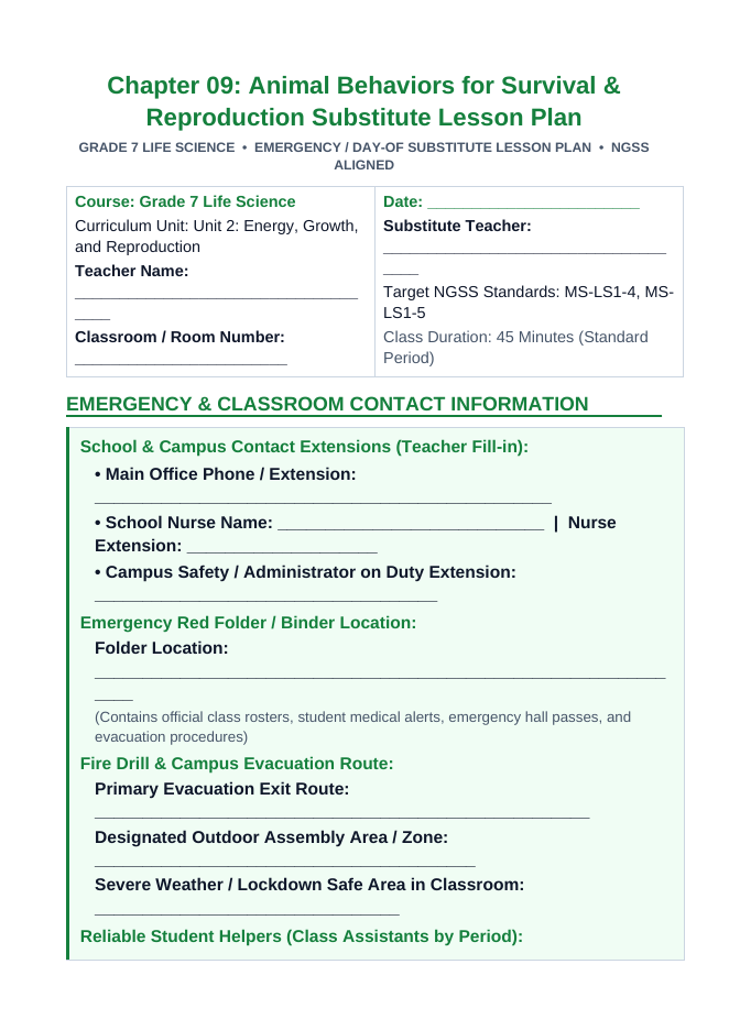 Animal Behaviors for Survival & Reproduction Substitute Lesson Plan sample page