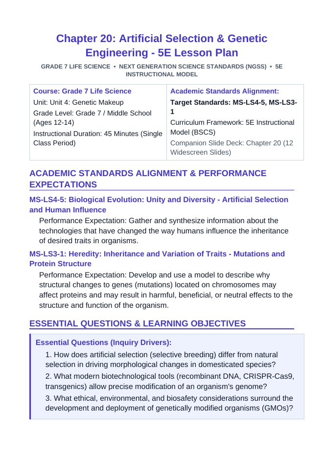 Artificial Selection & Genetic Engineering 5E Lesson Plan sample page