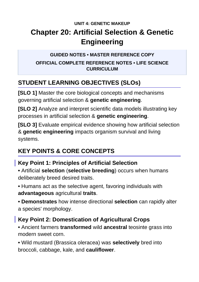 Artificial Selection & Genetic Engineering Guided Notes sample page