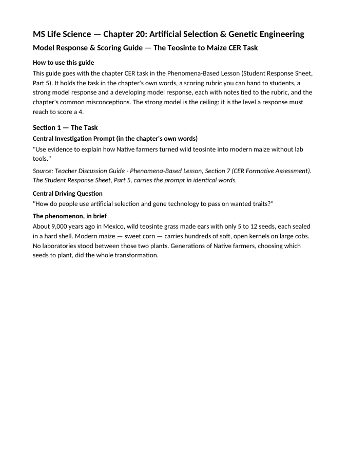 Artificial Selection & Genetic Engineering Model Response & Scoring Guide sample page
