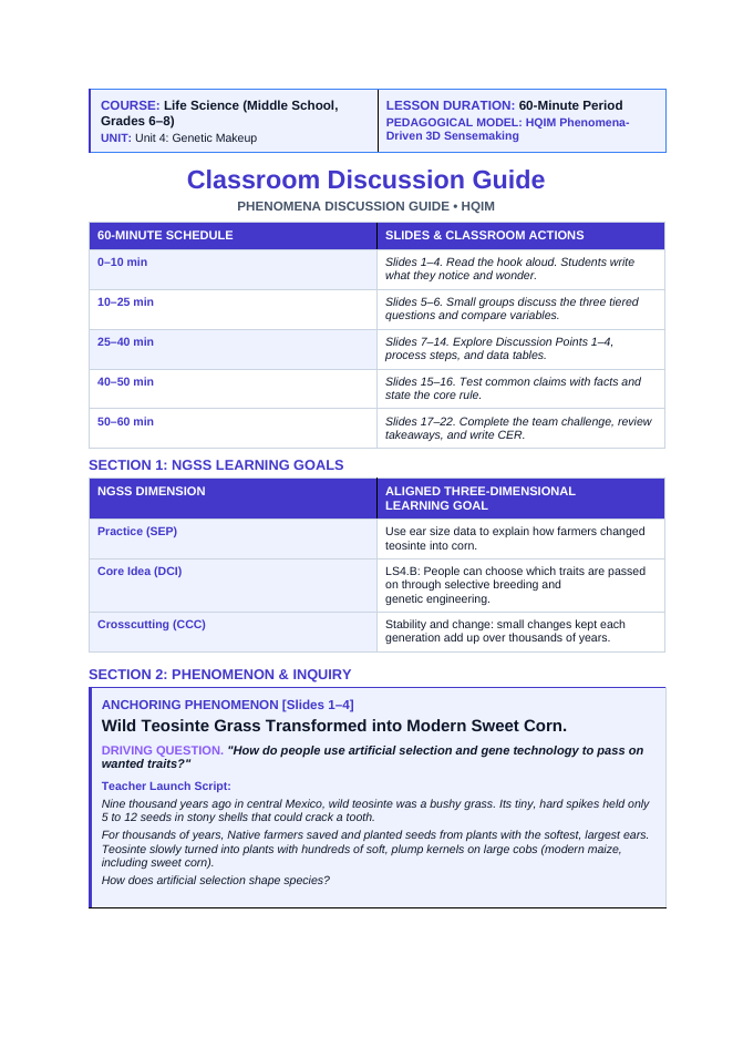 Artificial Selection & Genetic Engineering Phenomena-Based Lesson: Wild Teosinte Grass Transformed into Modern Sweet Corn Teacher Discussion Guide sample page