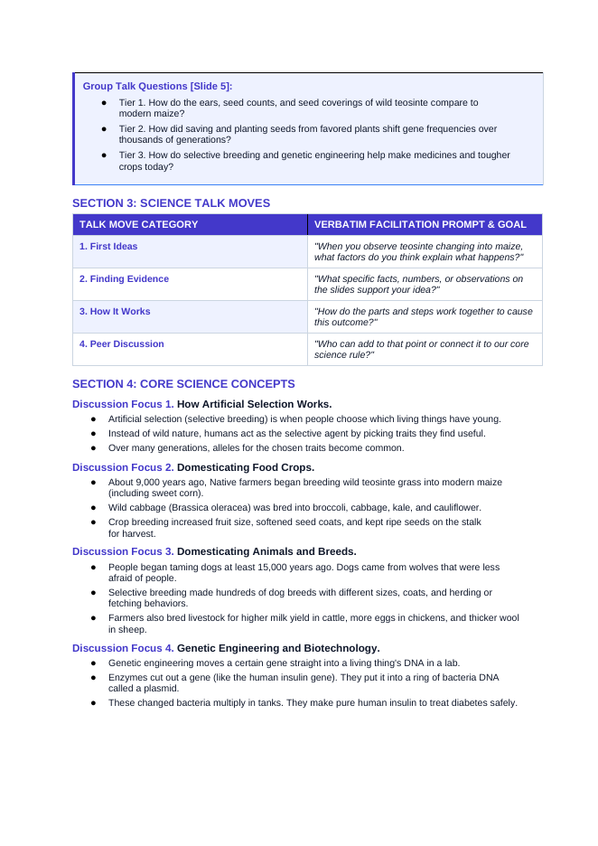 Artificial Selection & Genetic Engineering Phenomena-Based Lesson: Wild Teosinte Grass Transformed into Modern Sweet Corn Teacher Discussion Guide sample page