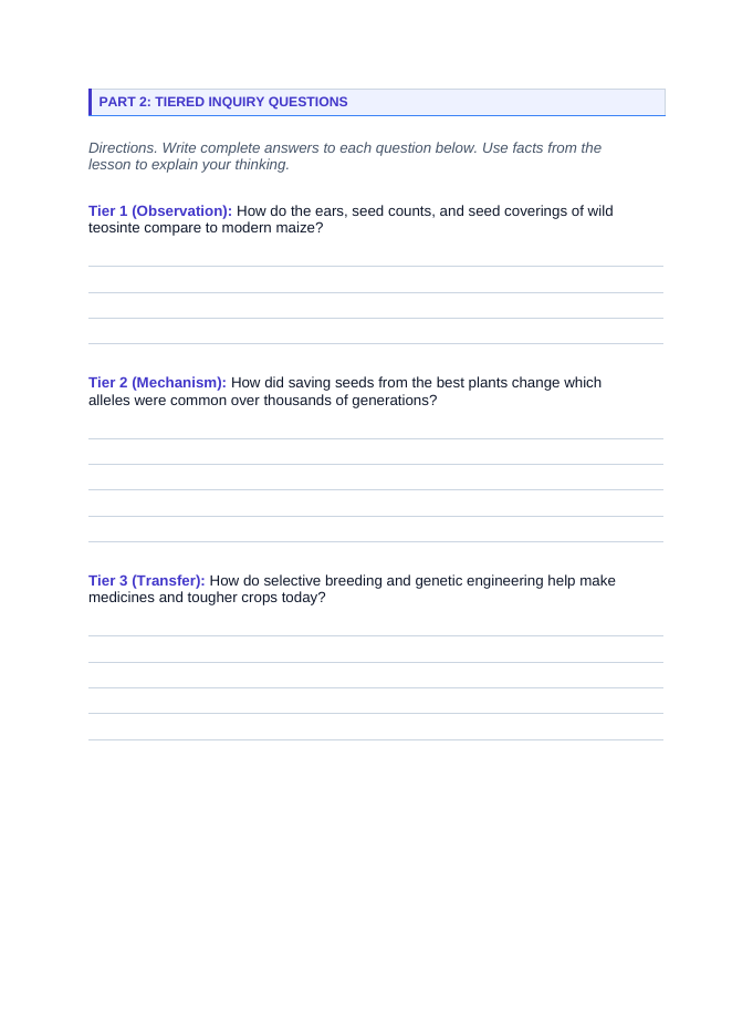 Artificial Selection & Genetic Engineering Phenomena-Based Lesson: Wild Teosinte Grass Transformed into Modern Sweet Corn Student Response Sheet sample page