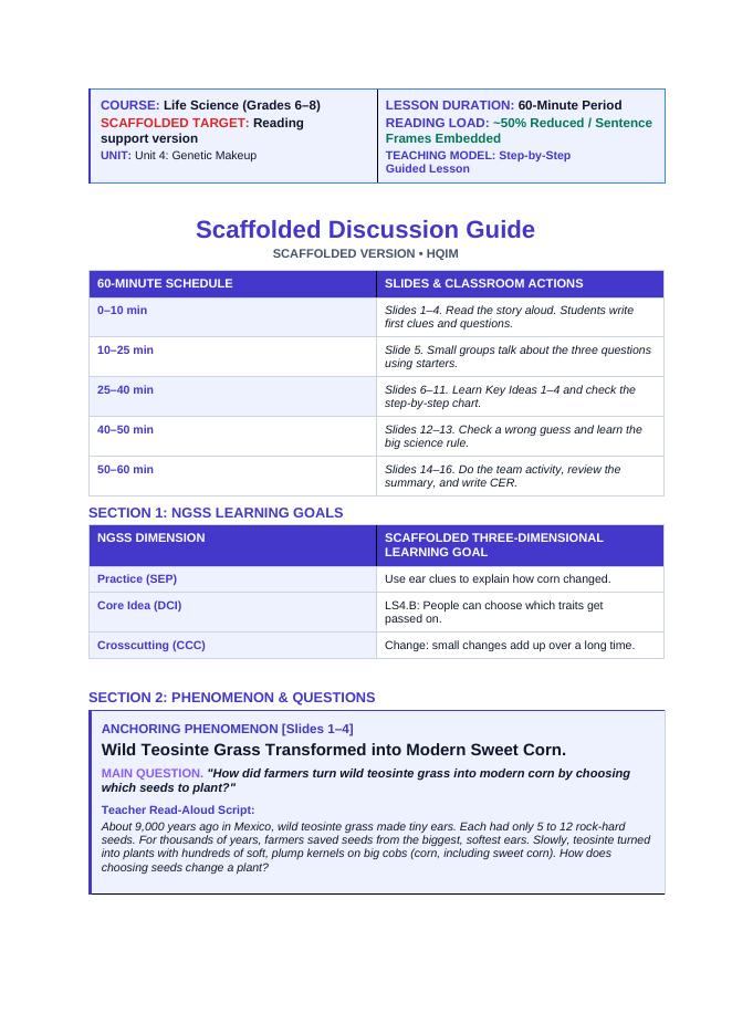 Artificial Selection & Genetic Engineering Scaffolded Phenomena-Based Lesson: Wild Teosinte Grass Transformed into Modern Sweet Corn Teacher Discussion Guide sample page