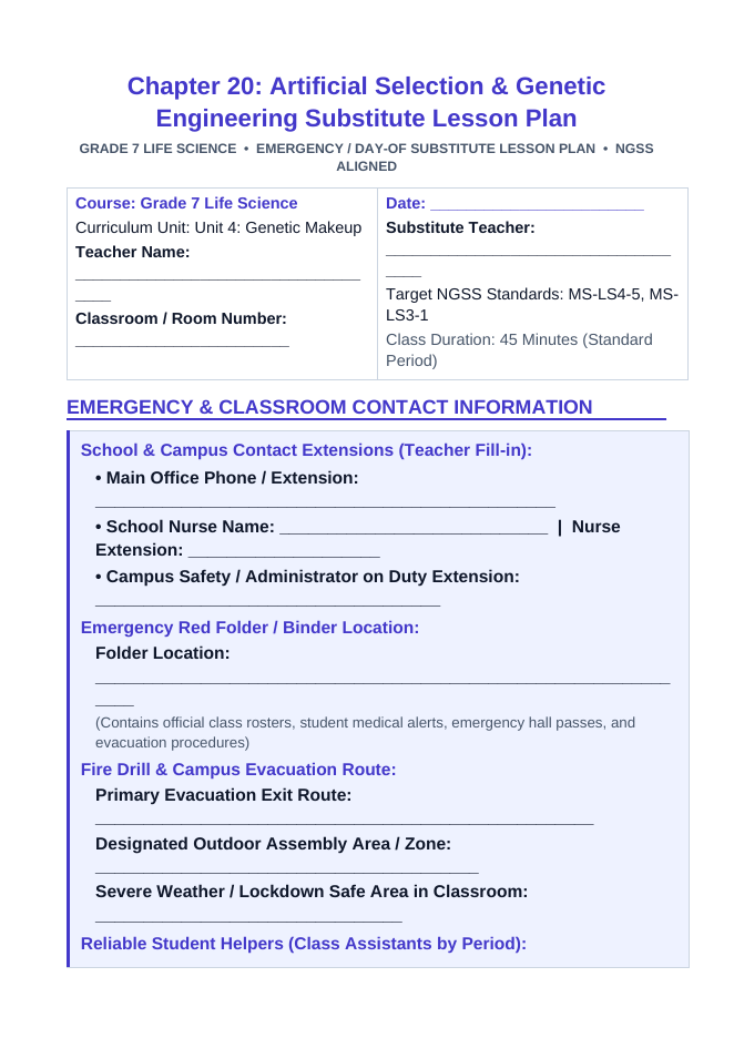 Artificial Selection & Genetic Engineering Substitute Lesson Plan sample page