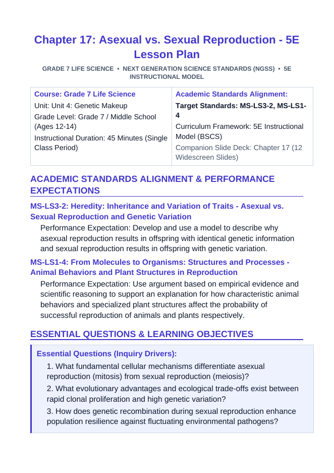 Asexual vs. Sexual Reproduction 5E Lesson Plan sample page