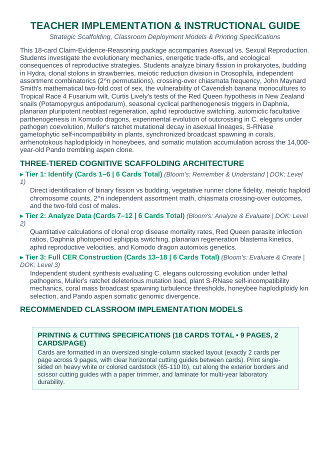Asexual vs. Sexual Reproduction CER Task Cards sample page