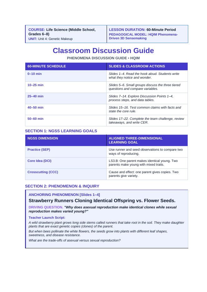 Asexual vs. Sexual Reproduction Phenomena-Based Lesson: Strawberry Runners Cloning Identical Offspring vs. Flower Seeds Teacher Discussion Guide sample page