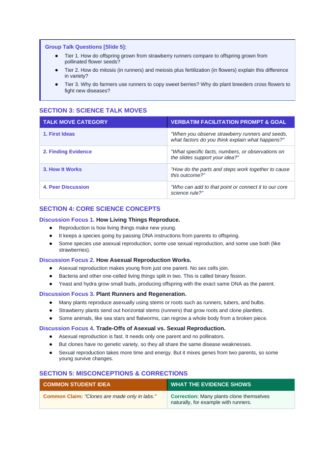 Asexual vs. Sexual Reproduction Phenomena-Based Lesson: Strawberry Runners Cloning Identical Offspring vs. Flower Seeds Teacher Discussion Guide sample page