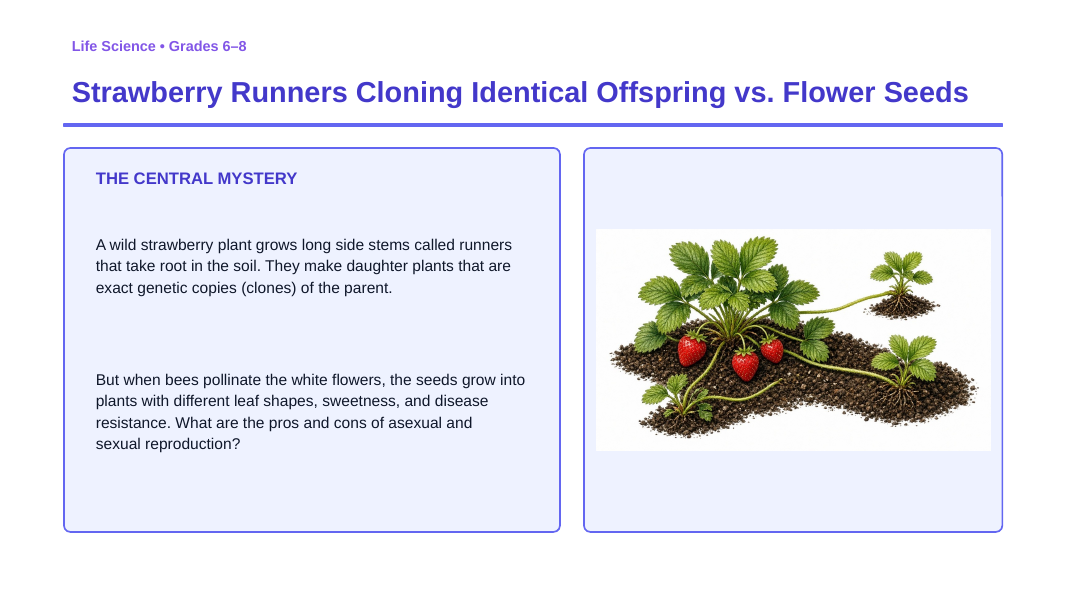 Asexual vs. Sexual Reproduction Phenomena-Based Lesson: Strawberry Runners Cloning Identical Offspring vs. Flower Seeds Presentation sample page