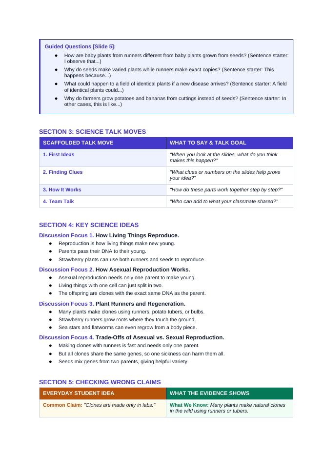 Asexual vs. Sexual Reproduction Scaffolded Phenomena-Based Lesson: Strawberry Runners Cloning Identical Offspring vs. Flower Seeds Teacher Discussion Guide sample page