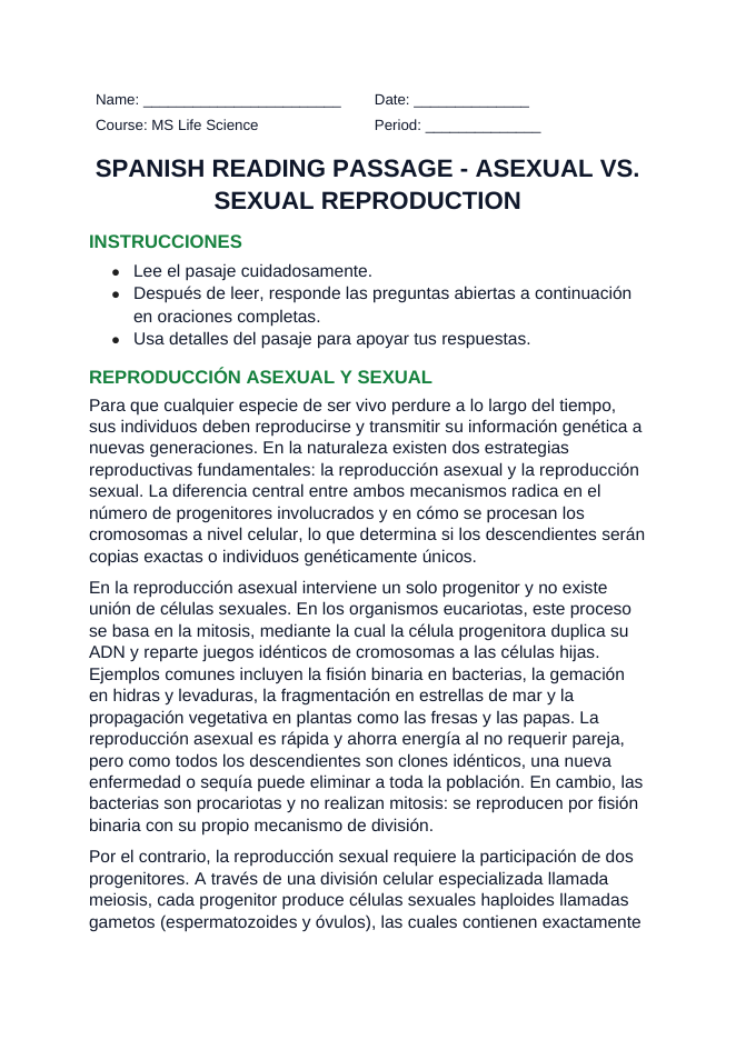 Asexual vs. Sexual Reproduction Spanish Reading Passage & Comprehension Questions sample page