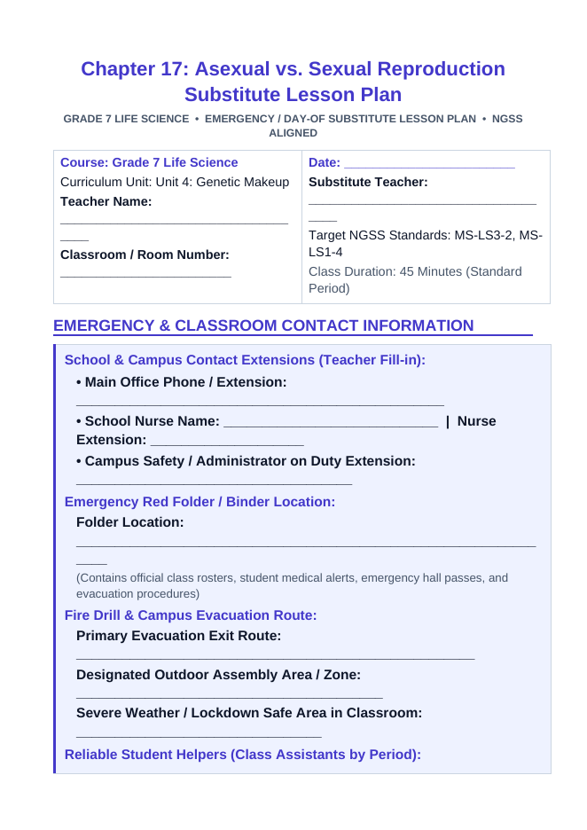 Asexual vs. Sexual Reproduction Substitute Lesson Plan sample page