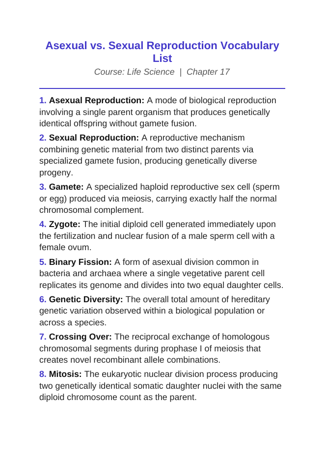 Asexual vs. Sexual Reproduction Vocabulary Words & Definitions sample page