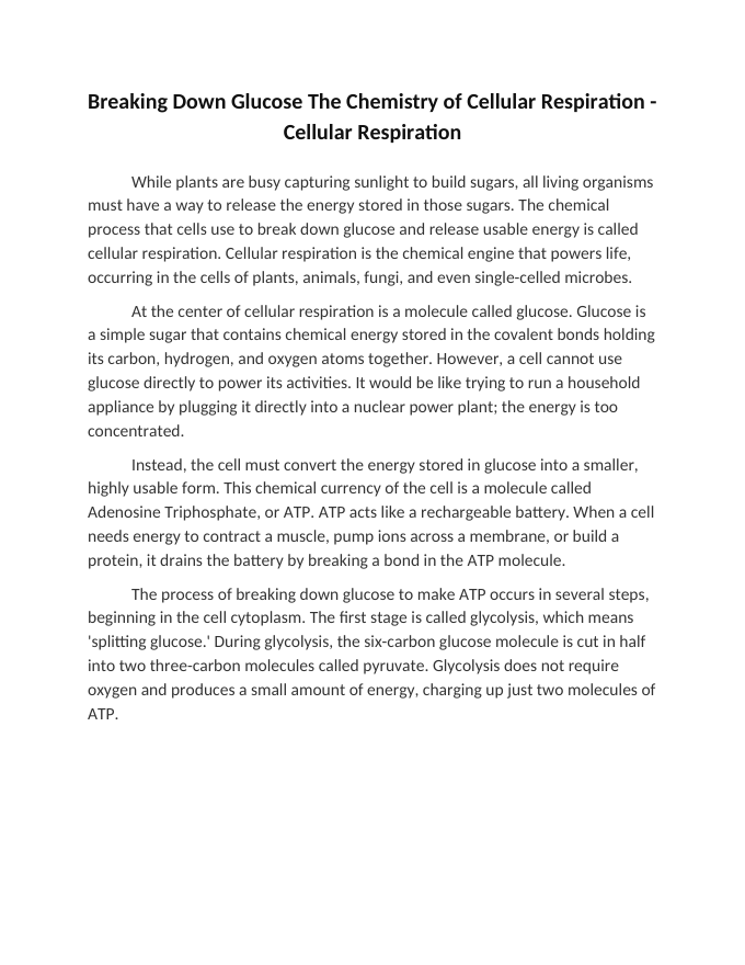 Breaking Down Glucose The Chemistry of Cellular Respiration Reading Worksheet sample page