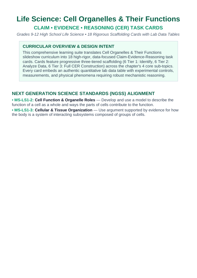 Cell Organelles & Their Functions CER Task Cards sample page