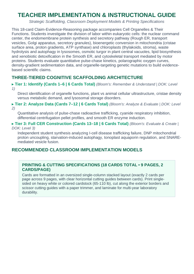 Cell Organelles & Their Functions CER Task Cards sample page