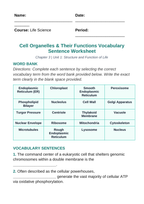 Cell Organelles & Their Functions Fill-in-the-Blank Vocabulary Worksheet sample page
