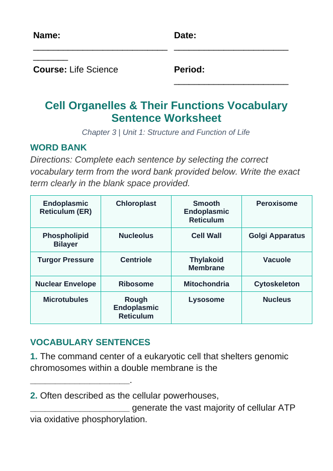 Cell Organelles & Their Functions Fill-in-the-Blank Vocabulary Worksheet sample page