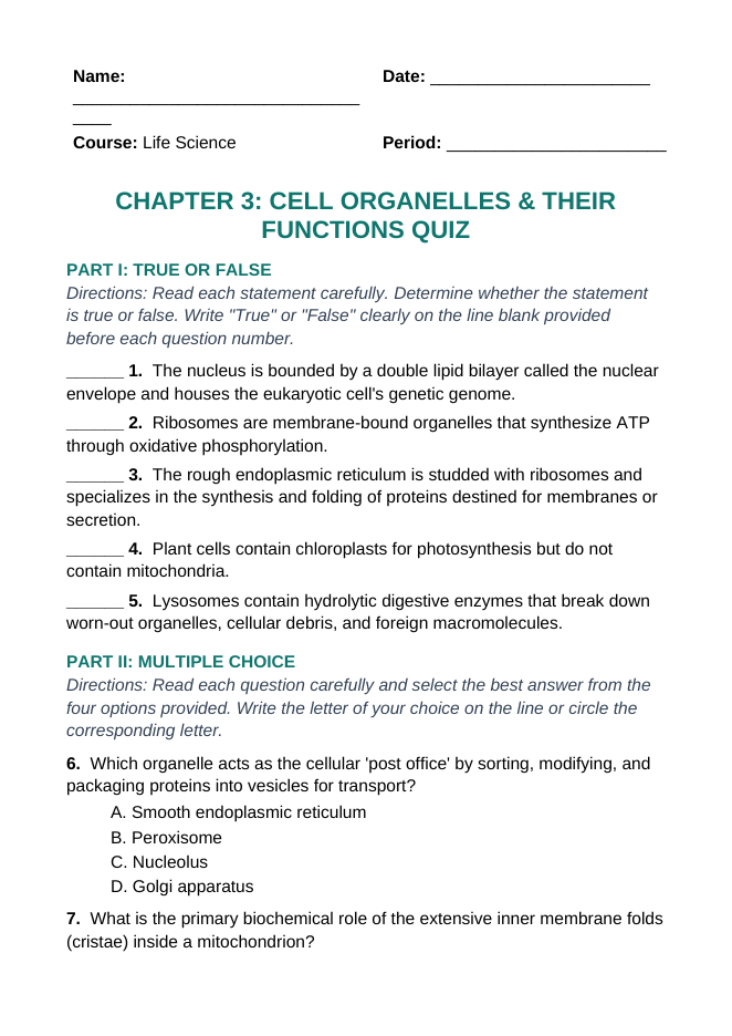 Cell Organelles & Their Functions Lesson Quiz sample page