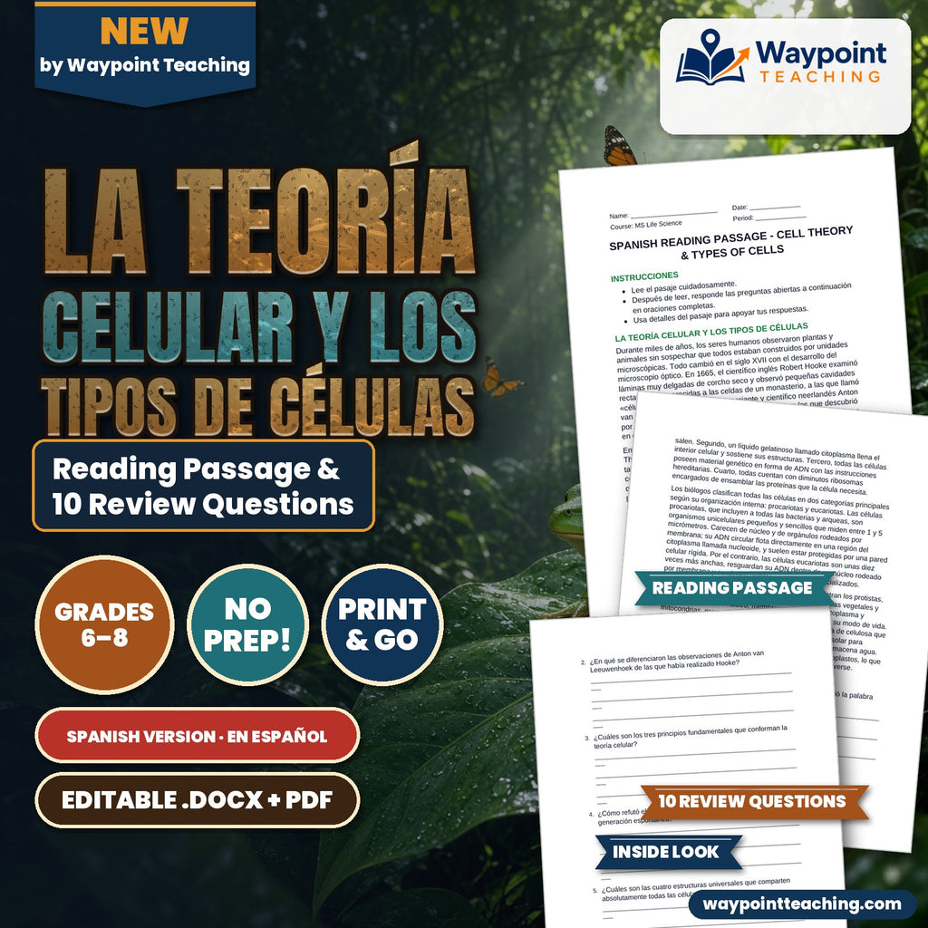 Cell Theory & Types of Cells Spanish Reading Passage & Comprehension Questions cover