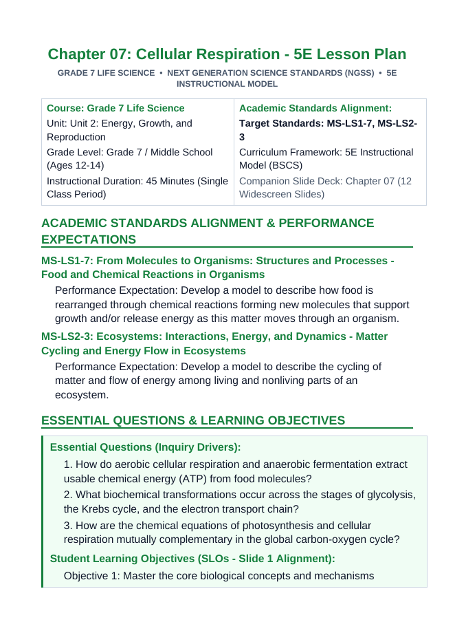 Cellular Respiration 5E Lesson Plan sample page