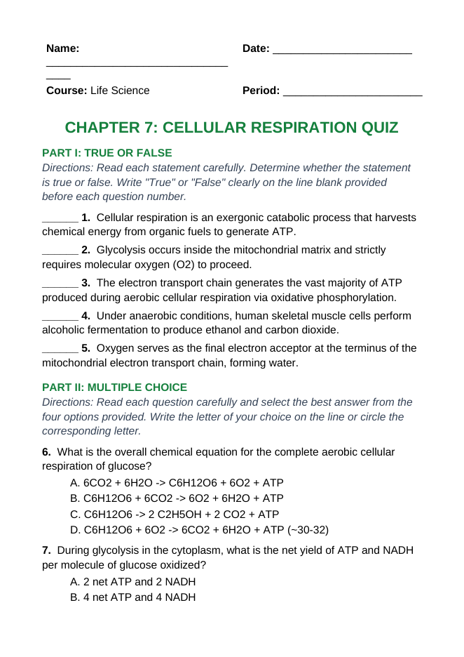 Cellular Respiration Lesson Quiz sample page