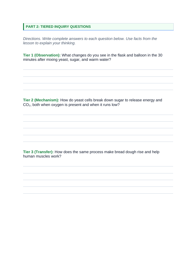 Cellular Respiration Phenomena-Based Lesson: Baker's Yeast Inflating a Balloon in Warm Sugar Water Student Response Sheet sample page