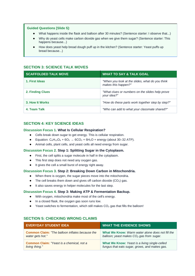 Cellular Respiration Scaffolded Phenomena-Based Lesson: Baker's Yeast Inflating a Balloon in Warm Sugar Water Teacher Discussion Guide sample page