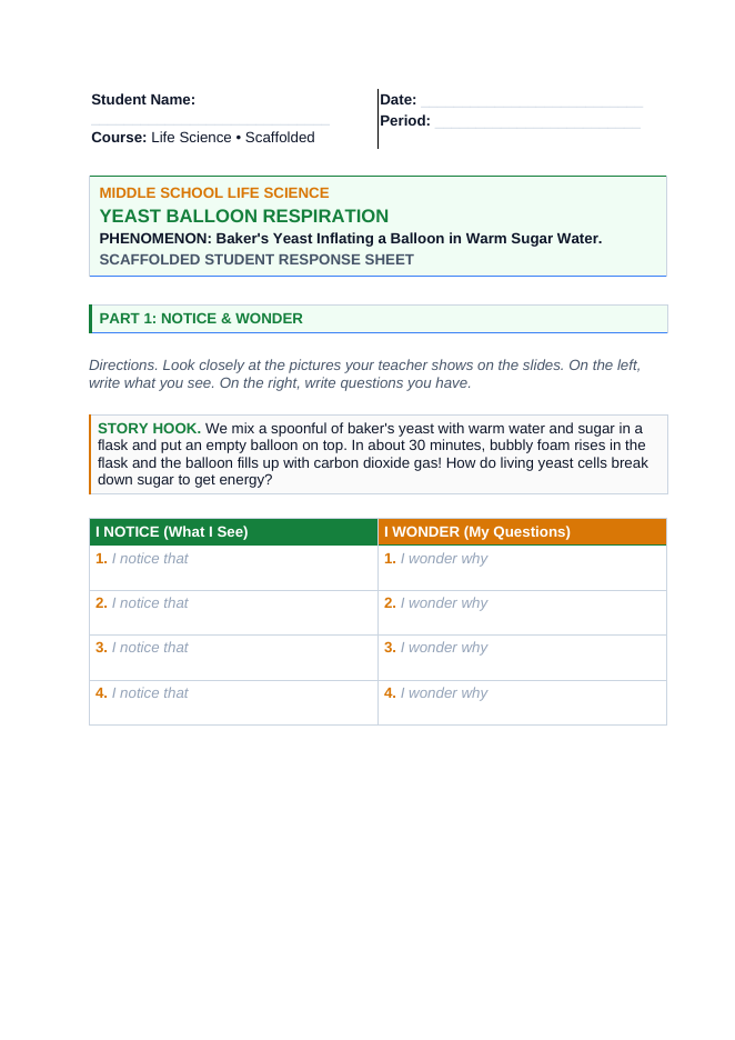 Cellular Respiration Scaffolded Phenomena-Based Lesson: Baker's Yeast Inflating a Balloon in Warm Sugar Water Student Response Sheet sample page