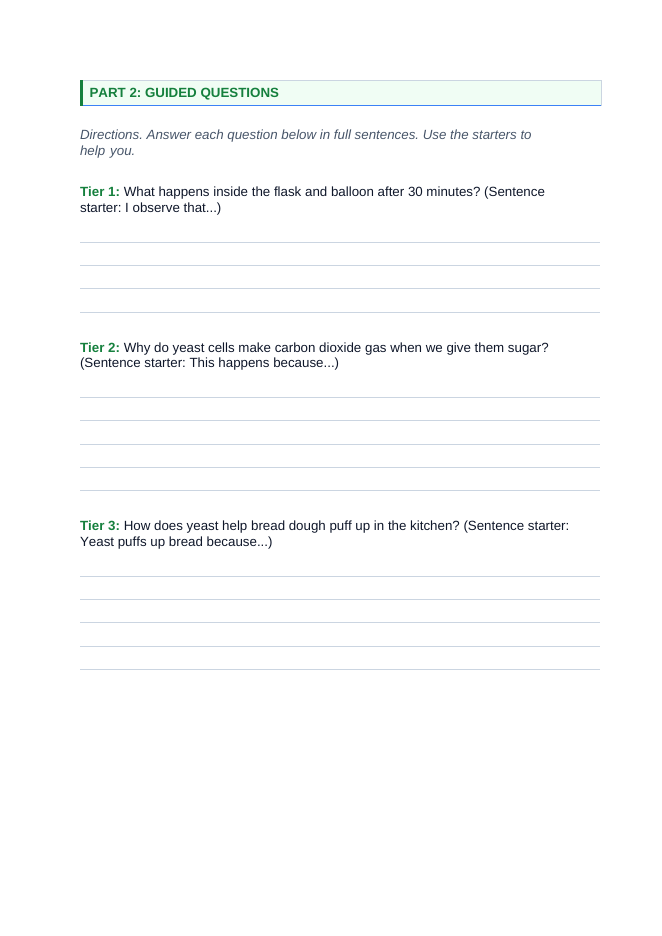 Cellular Respiration Scaffolded Phenomena-Based Lesson: Baker's Yeast Inflating a Balloon in Warm Sugar Water Student Response Sheet sample page